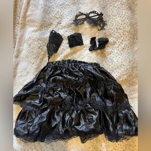 Chic Black Satin A-Line Skirt, gloves & mask